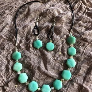 Hexagon blue stones and beads on leather thong